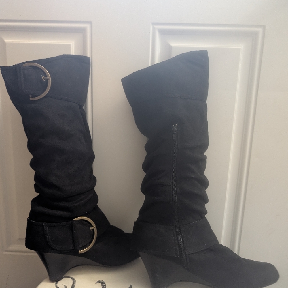 naughty monkey Black Slouchy Mid-Calf Heeled Boots with Buckle - Picture 3 of 4
